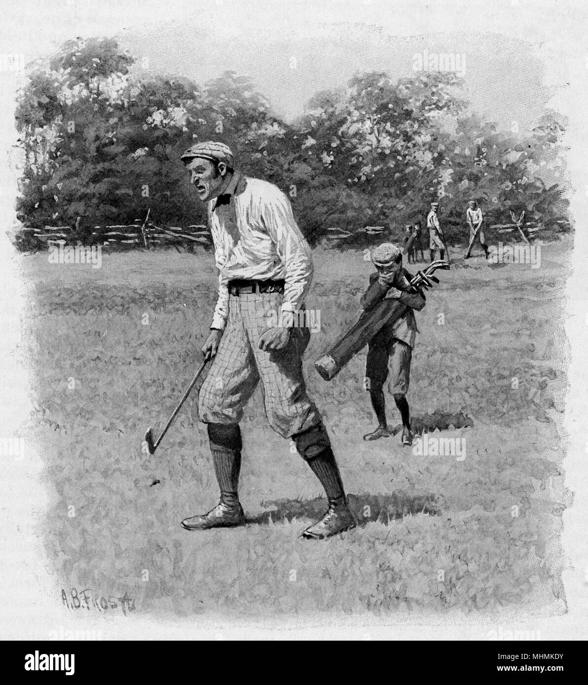 Dopo aver fatto un terribile pasticcio del suo colpo, un golfista sfiati la sua ira, molto per il divertimento del suo compartimento. Data: 1897 Foto Stock