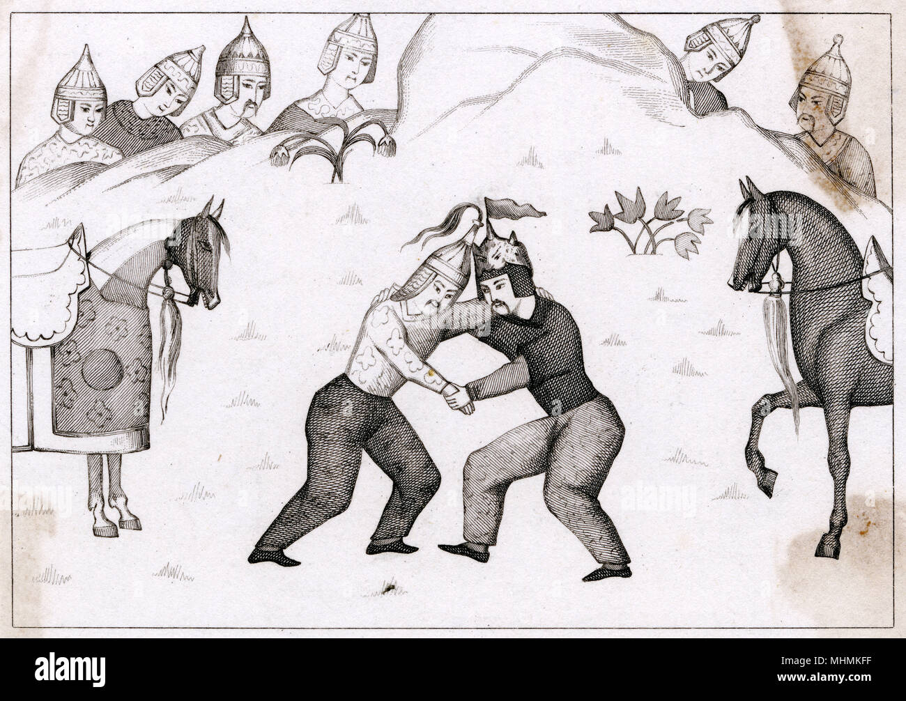 Il persiano lottatori lottano gli uni contro gli altri, guardato da molti soldati. Data: antica Foto Stock