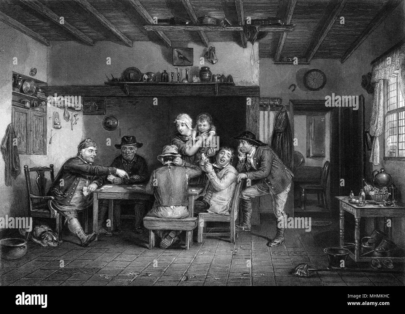 La scheda giocatori: un gioco di carte che si svolgono in cucina di paese di una povera casa rurale Data: circa 1807 Foto Stock