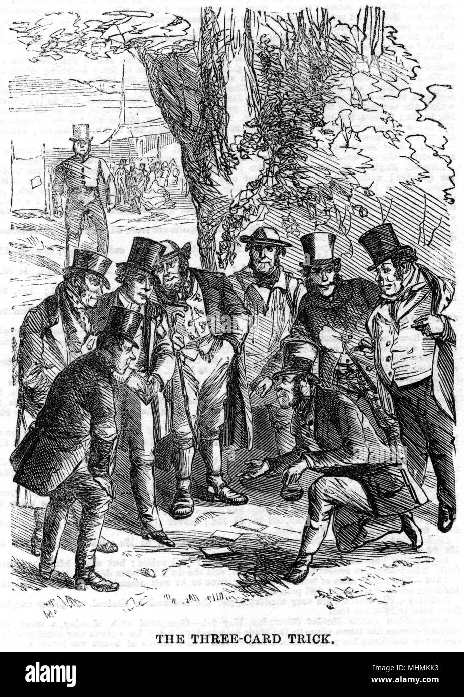 Una tre card trick attira gli uomini nel gioco d'azzardo su dove il " diritto " scheda. Data: 1860 Foto Stock