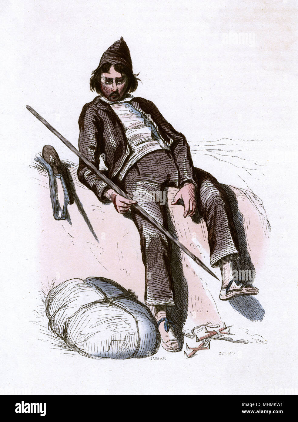 Alpina francese contrabbandiere con il suo pack &AMP; lancia data: 1851 Foto Stock