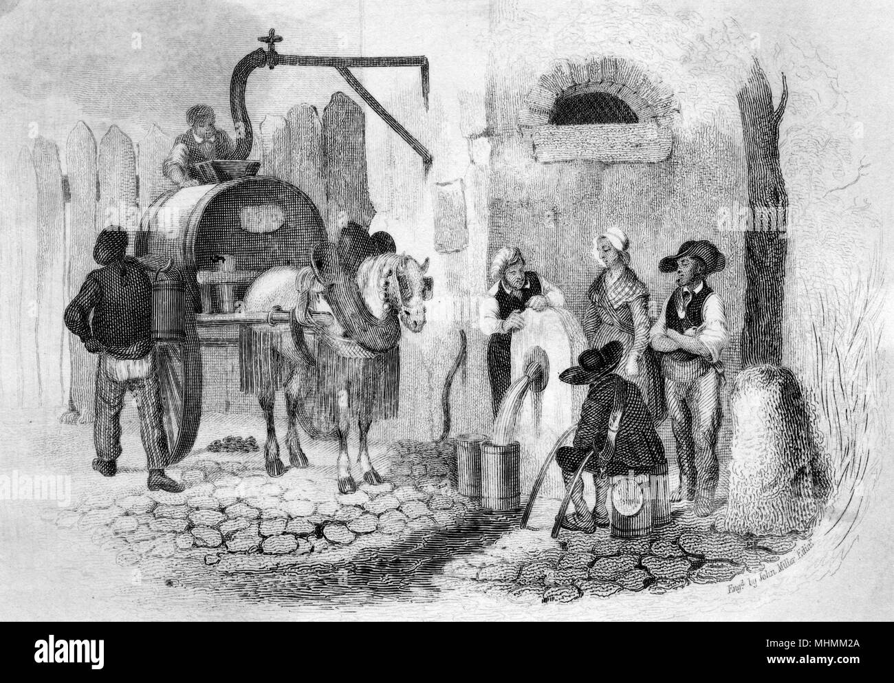 Un carrello di acqua è riempito da un pubblico condotto per le strade di Glasgow, Scozia. Data: 1834 Foto Stock