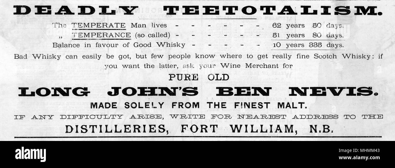 Deadly teetotalism conduce a una vita più breve rispetto a godimento temperate di ottimi whiskey, rivendicazioni un annuncio di Long John's Ben Nevis Whiskey, distillata in Fort William. Data: 1890 Foto Stock