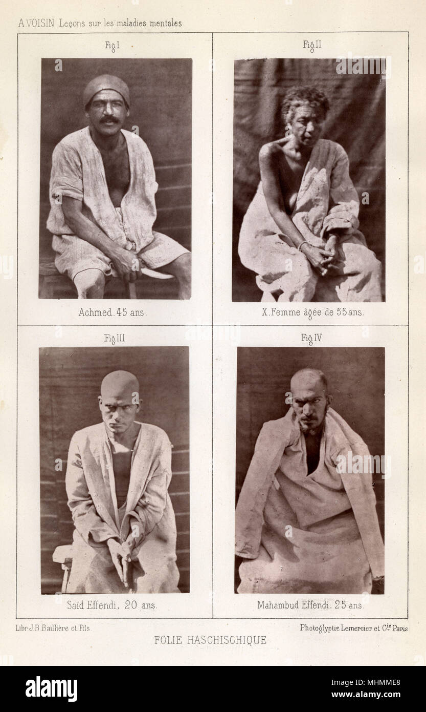 Quattro nord africani vittime di hashish, cacciati dalle loro menti dal farmaco e portato sotto la cura del Dottor Auguste Voisin della Salpetriere di Parigi. Data: 1876 Foto Stock