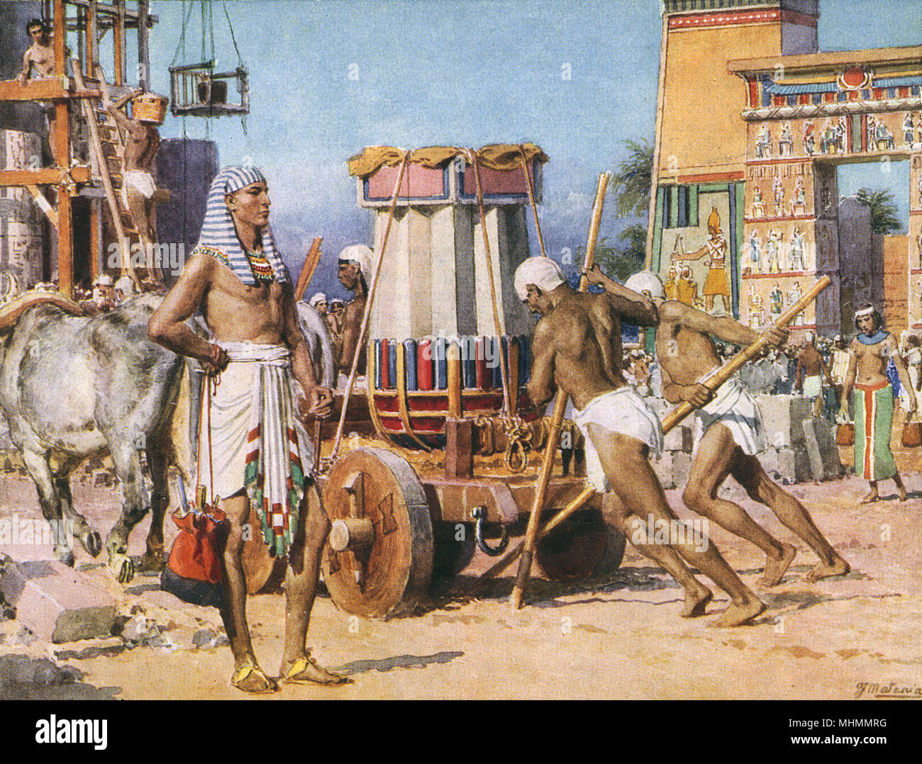 Lavoratori costruire un tempio o palace per il Faraone in Egitto. Data: sconosciuto, poss. 1920s Foto Stock