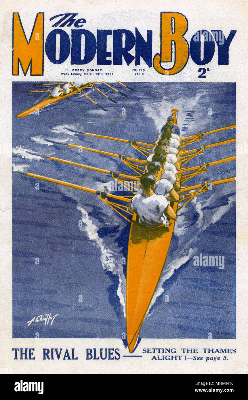 Oxford e Cambridge squadre di canottaggio raffigurato in lotta per vincere la gara in barca. Data: 1932 Foto Stock