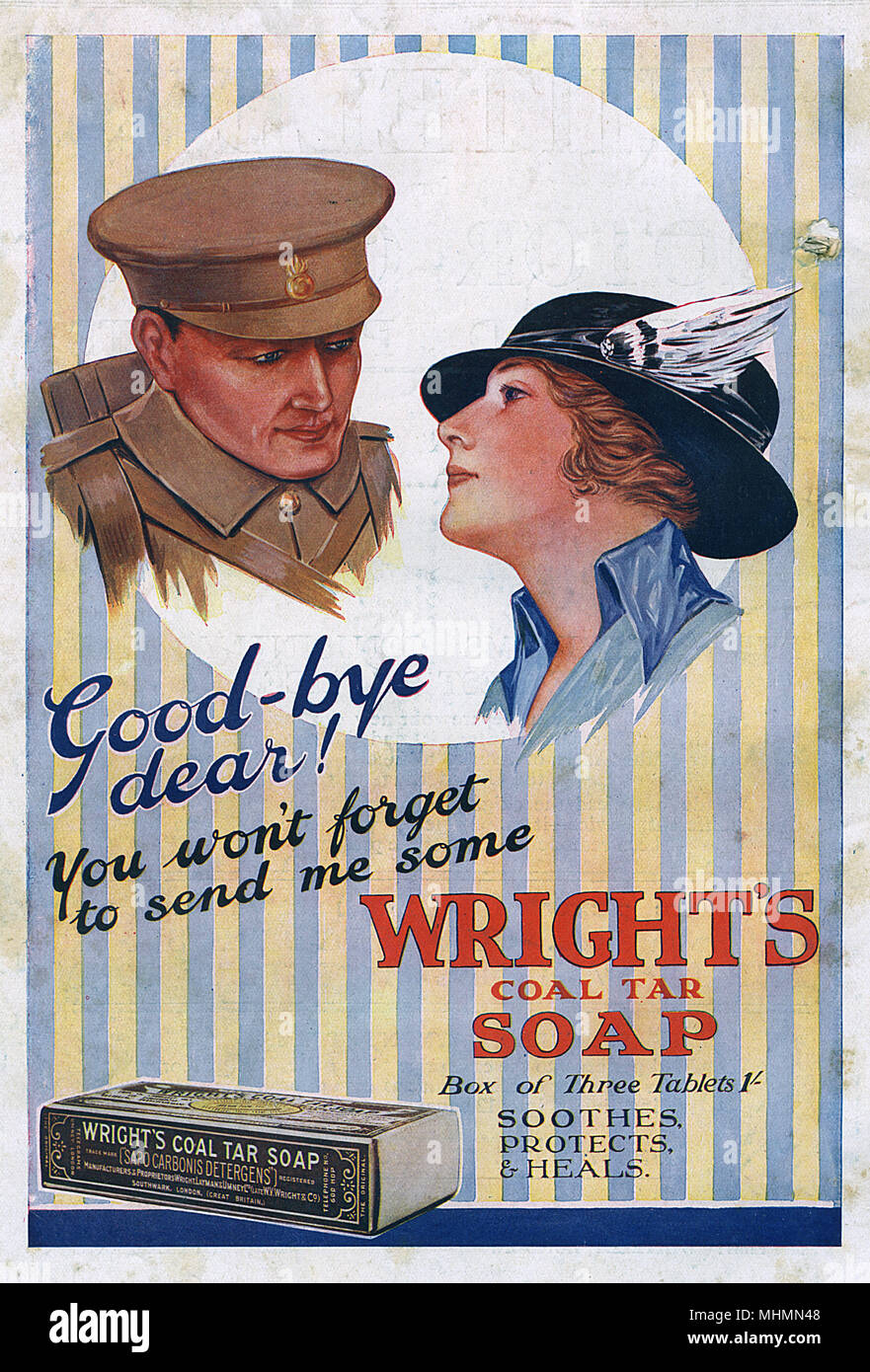 Pubblicità per Wright di catrame di carbone sapone dalla Grande Guerra che mostra un soldato e sua moglie o sweetheart addio all'altra. Invece di rovinare il momento romantico, egli chiede di non dimenticare di inviare lui alcuni sapone! Data: 1915 Foto Stock