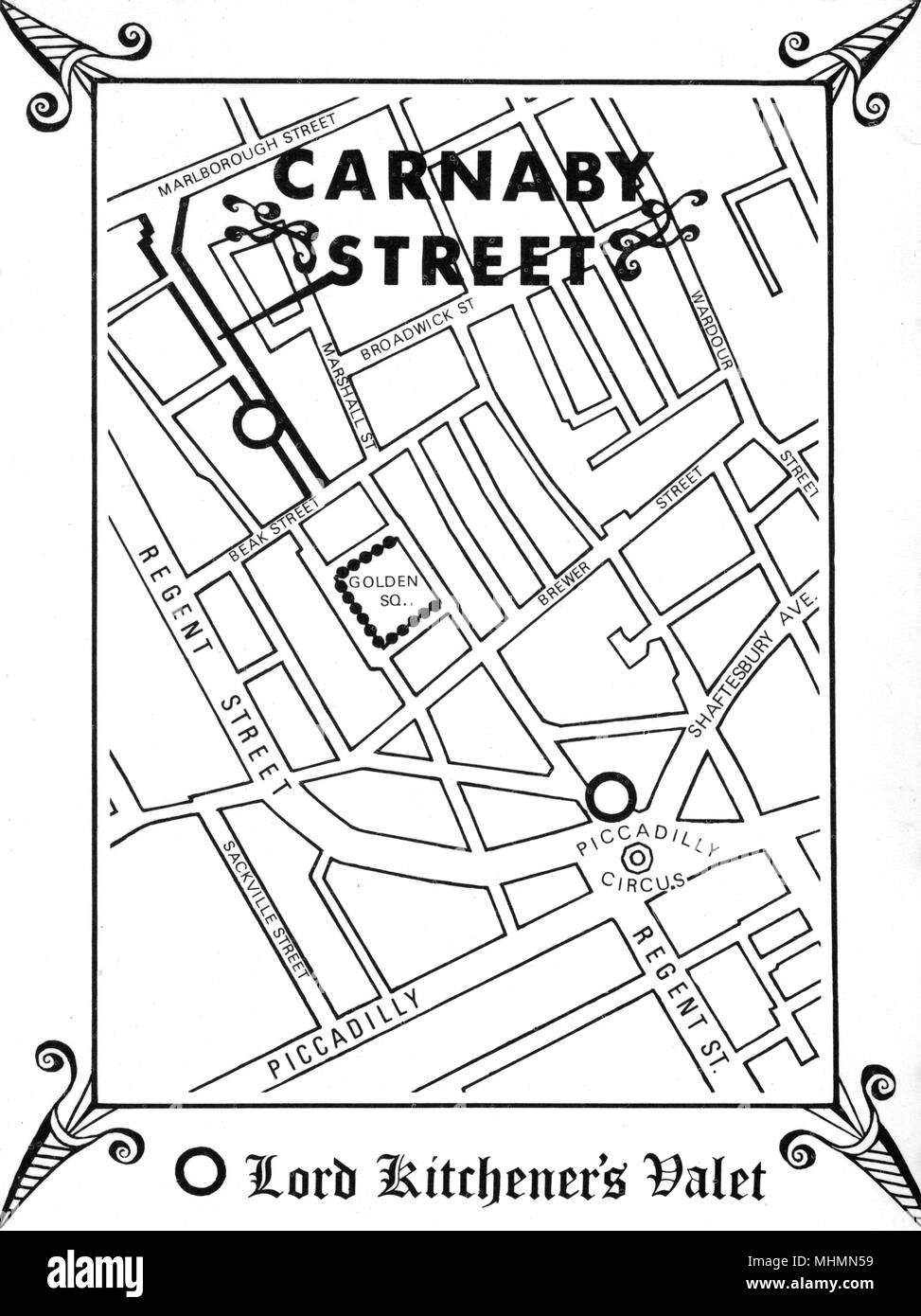 Mappa che mostra la posizione di epicentro degli anni sessanta cool, Carnaby Street, nel centro di Londra, come diretto da uno dei principali boutiques maschio, Lord Kitchener's valet. Data: 1966 Foto Stock