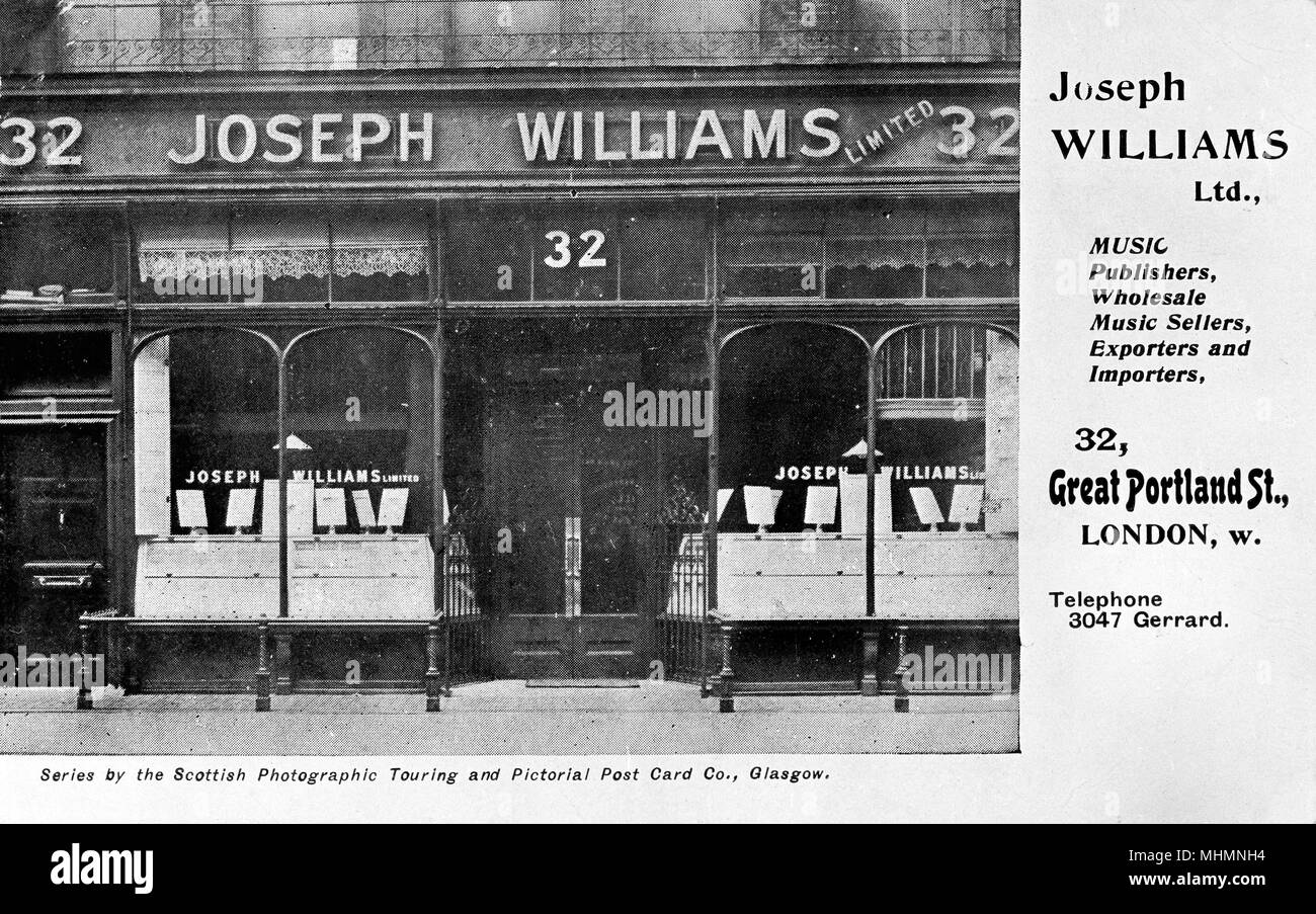 Joseph Williams Ltd, musica editori e venditori, 32 Great Portland Street, Londra. Data: circa 1910s Foto Stock