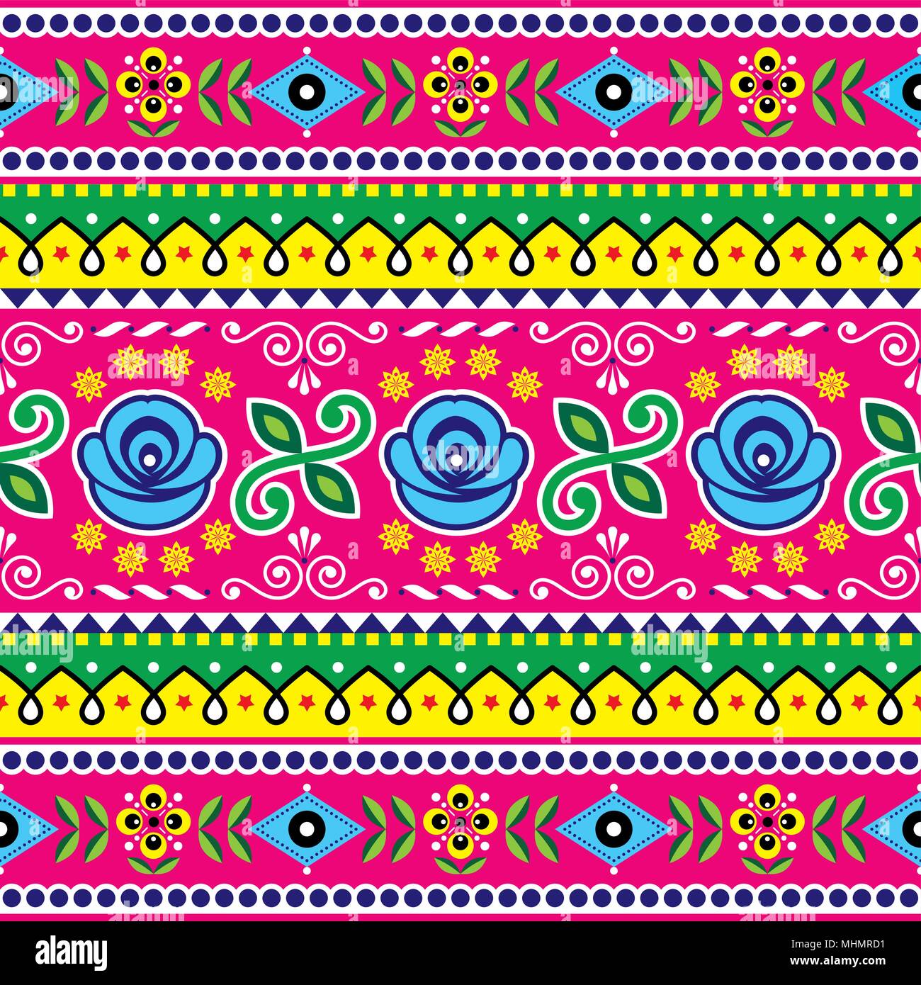 Pakistani vettore seamless pattern, Indian carrello art design, navy blu e rosa ornamento con fiori e forme astratte Illustrazione Vettoriale