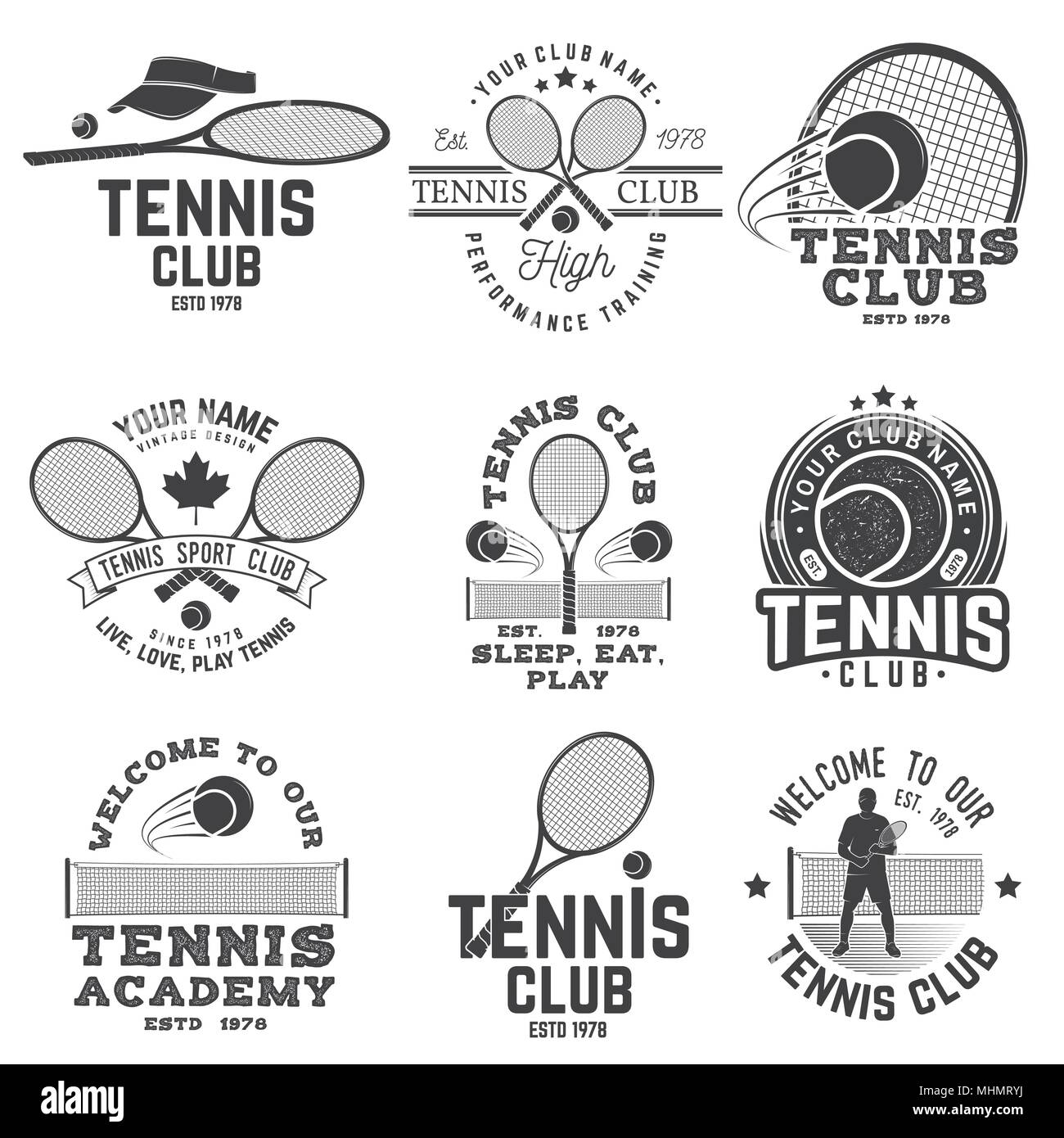 Set di Tennis club badge. Illustrazione Vettoriale. Concetto di t-shirt, stampare il timbro o il raccordo a t. Vintage design tipografia con il giocatore di tennis, racket e sfera Illustrazione Vettoriale