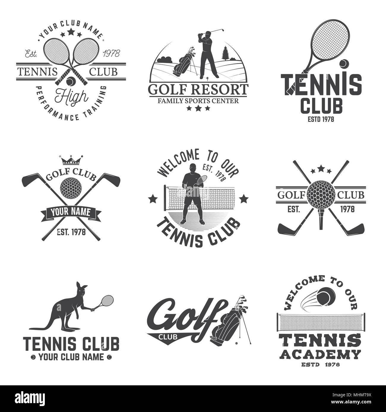 Serie di golf club, tennis club concetto con il giocatore di golf e tennis player silhouette. Vettore di golf e tennis club retrò badge. Concetto di t-shirt, stampa Illustrazione Vettoriale