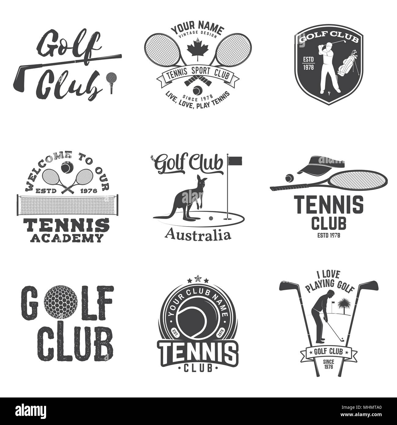 Serie di golf club, tennis club concetto con il giocatore di golf e tennis player silhouette. Vettore di golf e tennis club retrò badge. Concetto di t-shirt, stampa Illustrazione Vettoriale