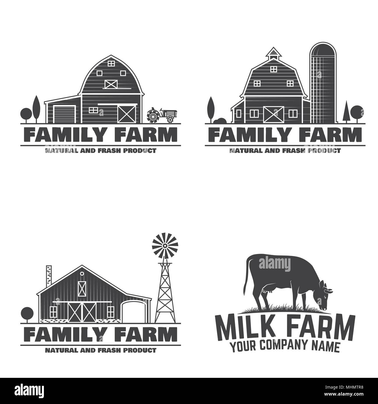 Fattoria di famiglia e latte di fattoria o badge etichette. Illustrazione Vettoriale. Vintage design tipografia con latte di mucca e di farm barn silhouette. Gli elementi sul tema dell'azienda agricola. Illustrazione Vettoriale