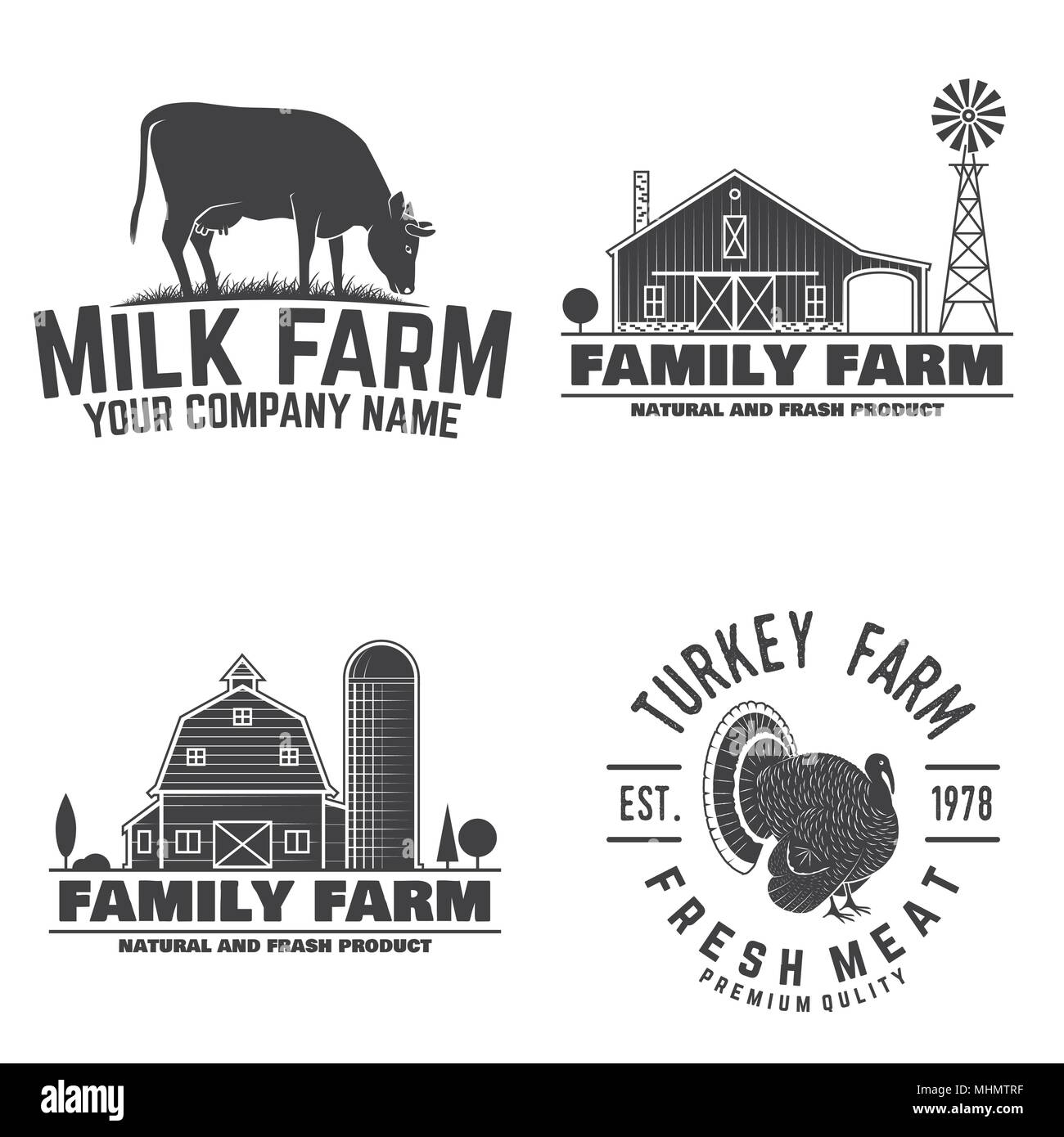 Fattoria di famiglia, Turchia Farm e latte badge di fattoria o le etichette. Illustrazione Vettoriale. Vintage design tipografia con latte di mucca e di farm barn silhouette. Gli elementi sul tema dell'azienda agricola. Illustrazione Vettoriale