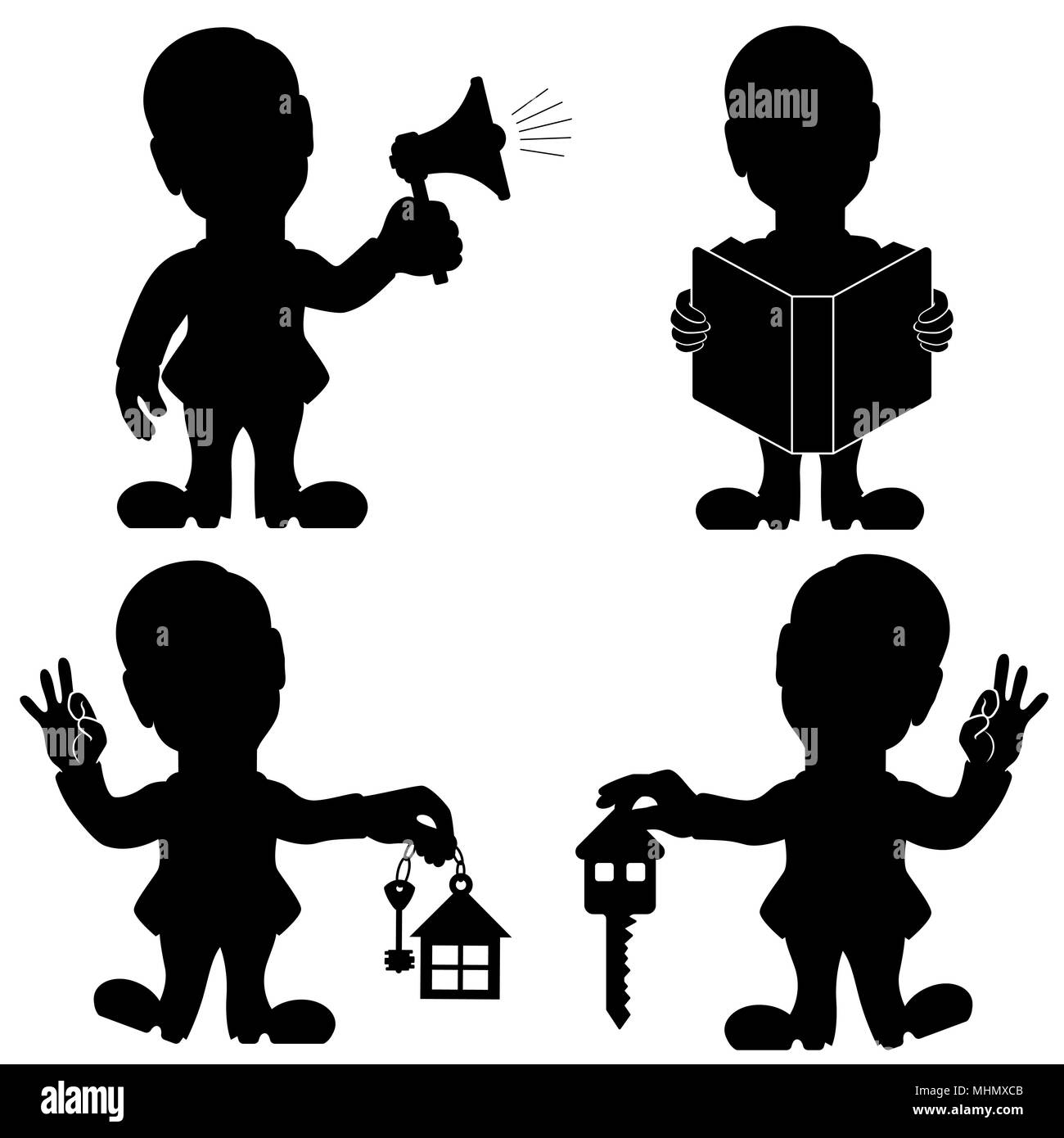 Silhouette set di quattro uomo varie situazioni, concettuale cartoon stencil nero illustrazione vettoriale per adverting Illustrazione Vettoriale