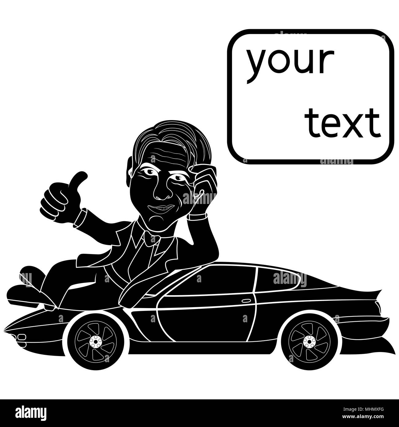 Silhouette di uomo felice che giace su una vettura, concettuale cartoon stencil illustrazione vettoriale Illustrazione Vettoriale