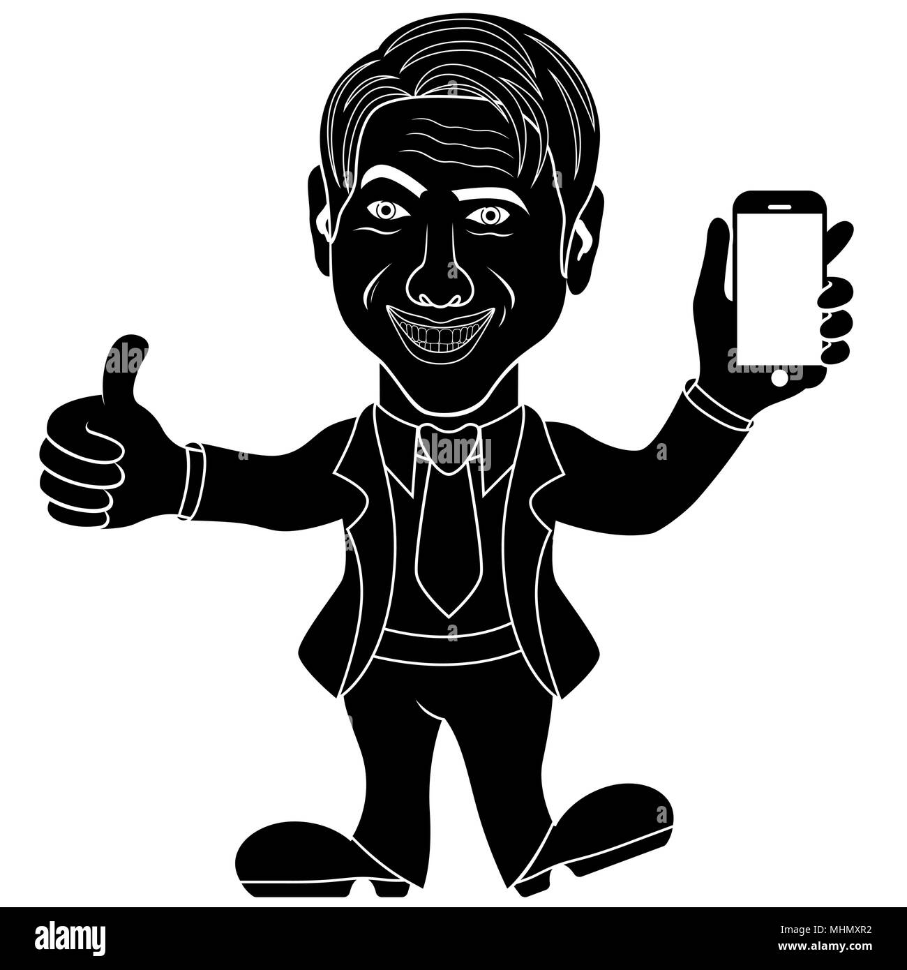 Sorridente uomo maturo in tuta e presente un nuovo smartphone, concettuale cartoon stencil illustrazione vettoriale Illustrazione Vettoriale