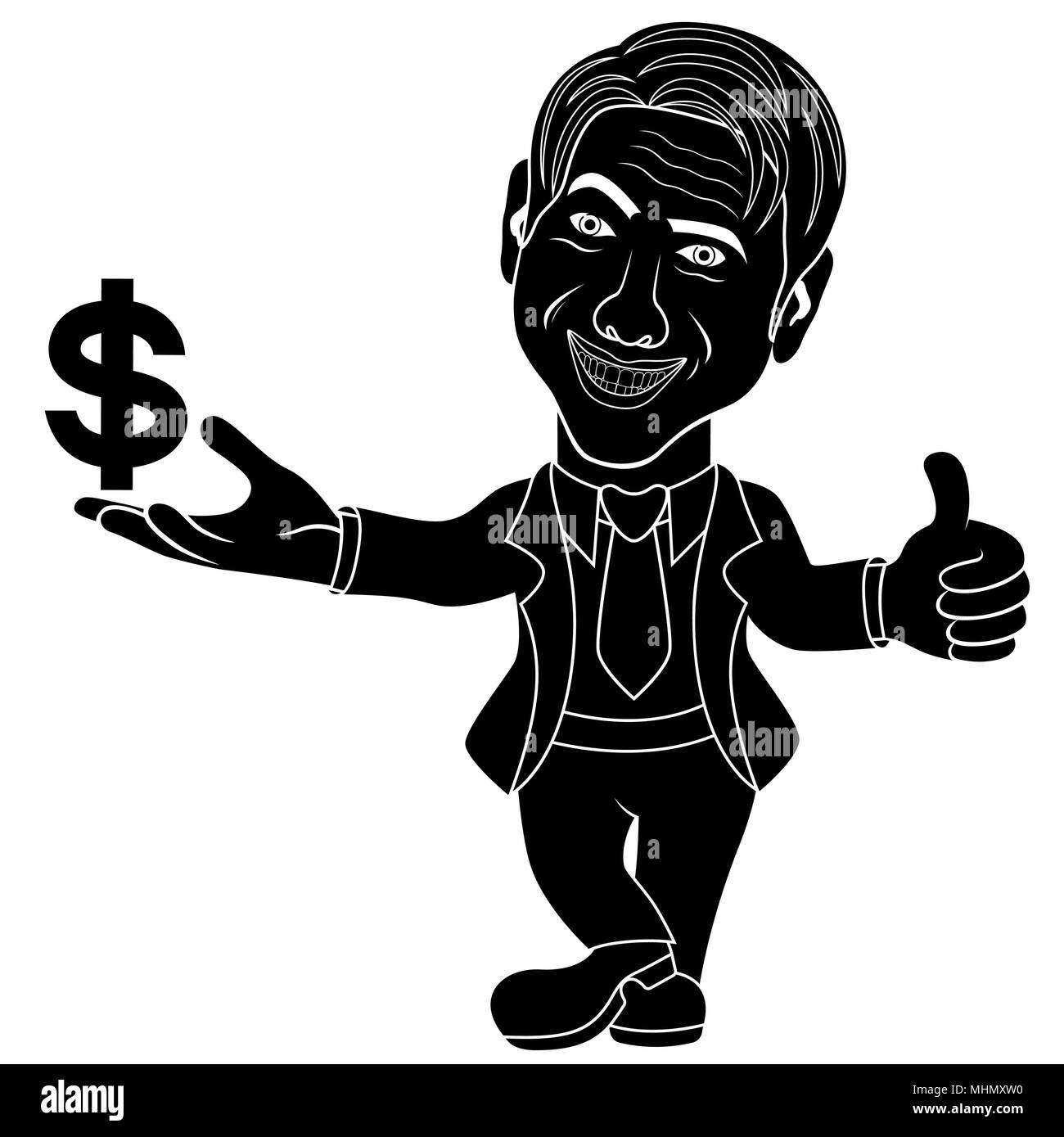 Sorridente e gioiosa uomo detiene il segno dollaro e gesticulate Okay, cartoon stencil illustrazione vettoriale Illustrazione Vettoriale