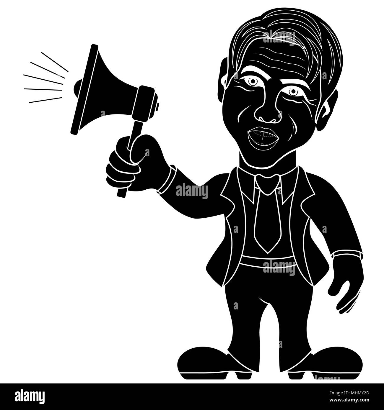Uomo con un megafono e chiamare attraverso di esso, pubblicità Concept cartoon vettore illustrazione stencil Illustrazione Vettoriale