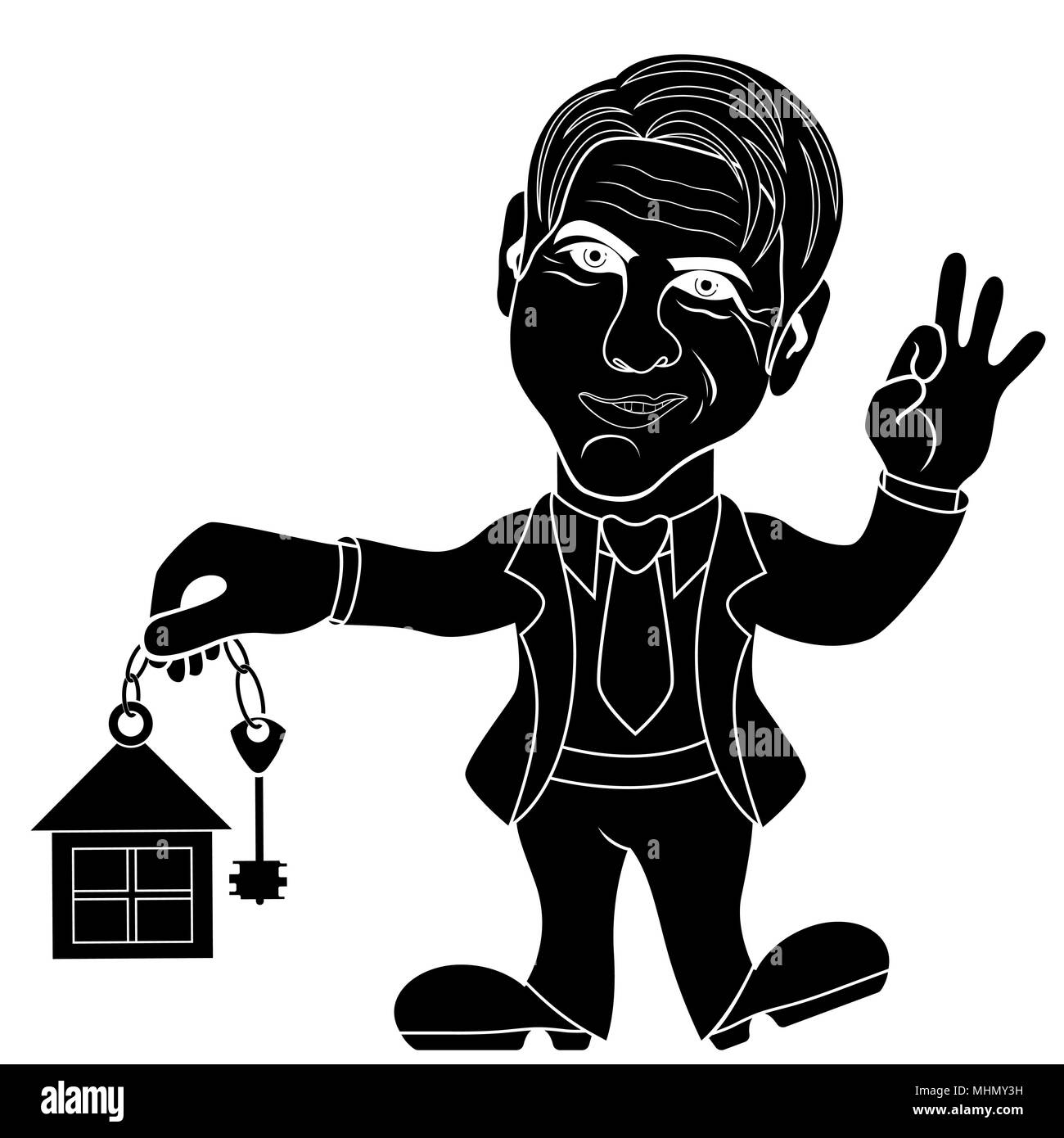 Silhouette di felice uomini maturi che contiene una chiave per casa e gesticulate Okay, concettuale cartoon stencil illustrazione vettoriale Illustrazione Vettoriale