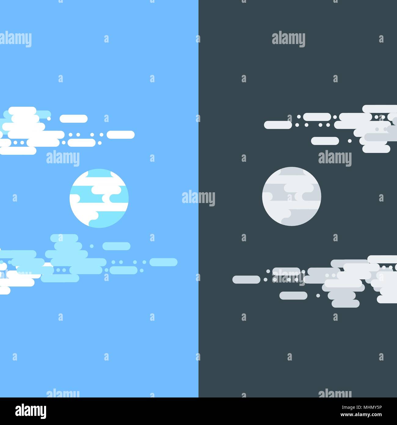 Di giorno e di notte il vettore illustrazioni piana o banner. Il sole e la Luna. La metà di giorno e di notte e il sole e la luna con le nuvole. Illustrazione piana del cielo e meteo broadcasting, cloud e la vita, periodo e ciclo per striscioni di mobile app sfondi Illustrazione Vettoriale