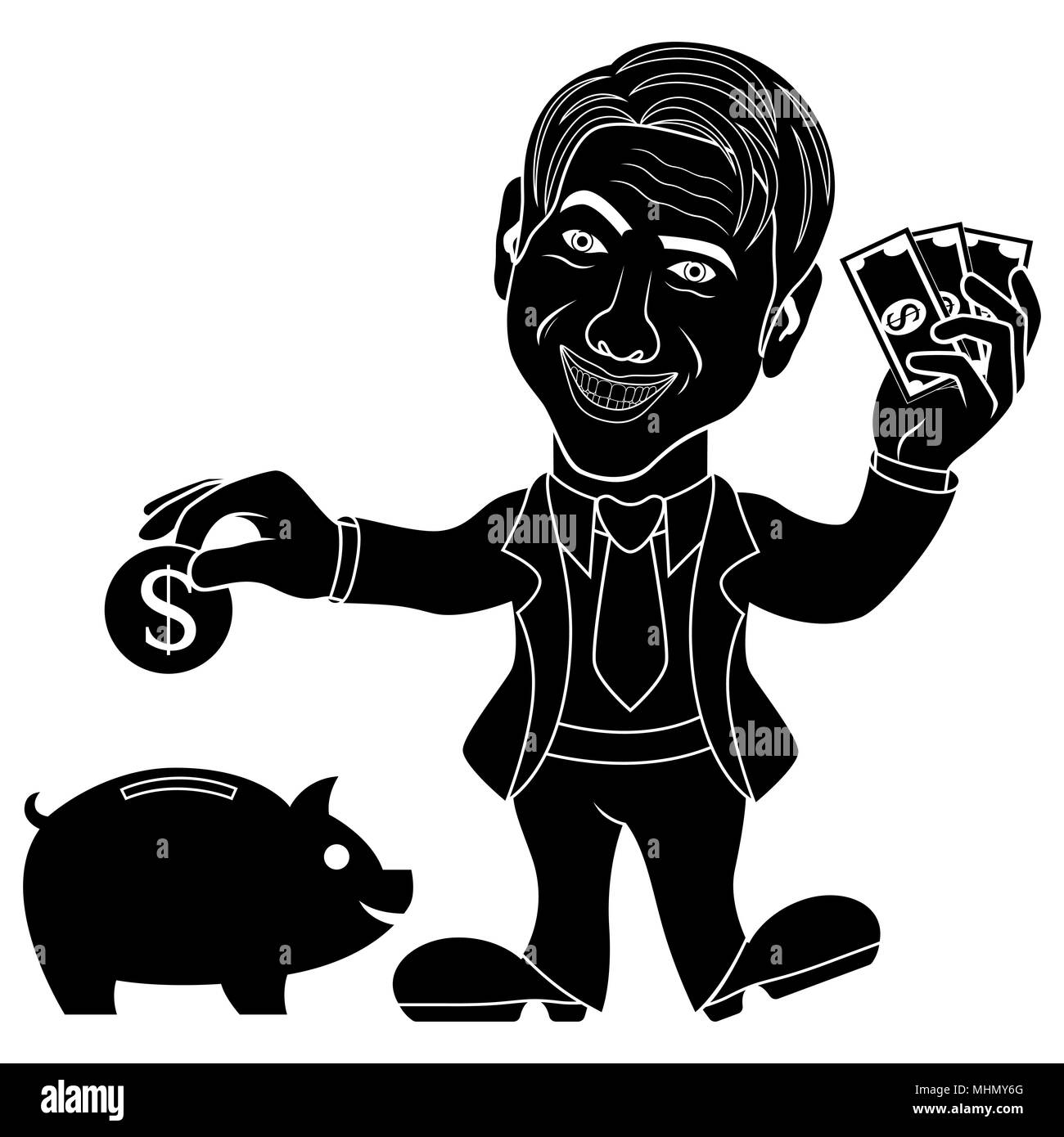 Silhouette di sorridere uomo felice che gettare un dollaro moneta nel salvadanaio e gesticulate Okay, cartoon stencil illustrazione vettoriale Illustrazione Vettoriale