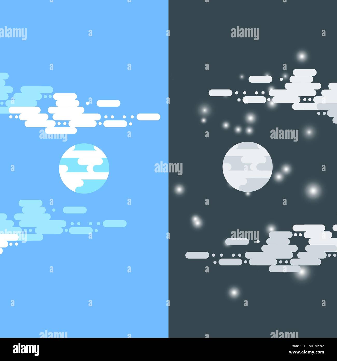 Di giorno e di notte il vettore illustrazioni piana o banner. Il sole e la Luna. La metà di giorno e di notte e il sole e la luna con le nuvole. Illustrazione piana del cielo e meteo broadcasting, cloud e la vita, periodo e ciclo per striscioni di mobile app sfondi Illustrazione Vettoriale