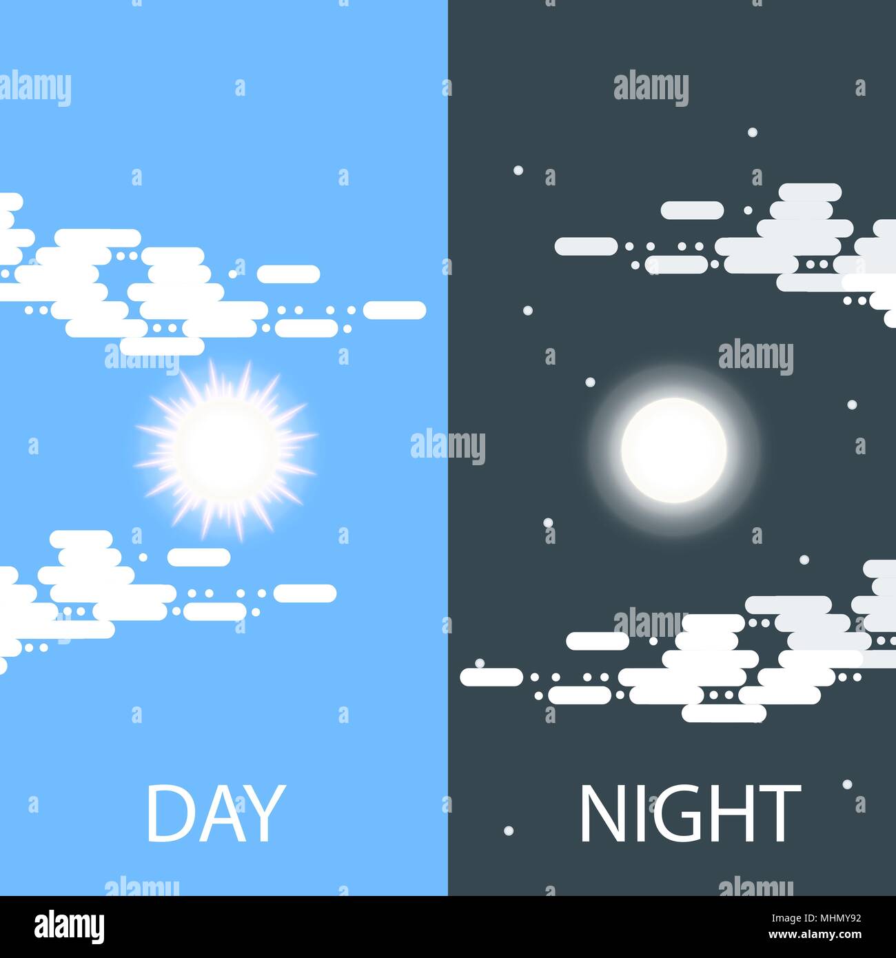 Di giorno e di notte il vettore illustrazioni piana o banner. Il sole e la Luna. La metà di giorno e di notte e il sole e la luna con le nuvole. Illustrazione piana del cielo e meteo broadcasting, cloud e la vita, periodo e ciclo per striscioni di mobile app sfondi Illustrazione Vettoriale