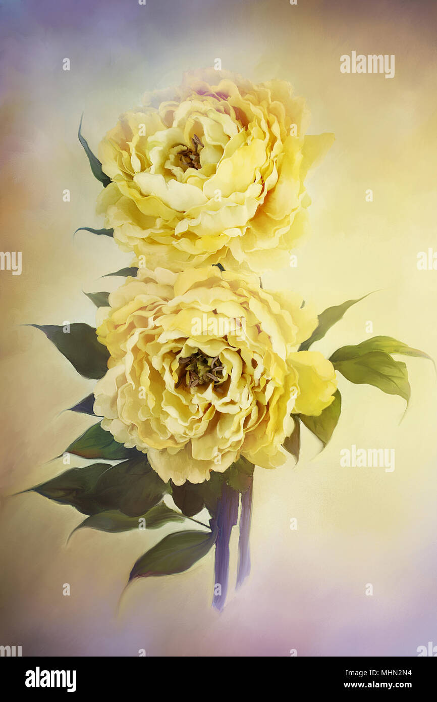 La pittura digitale di delicati bel giallo le peonie. Foto Stock