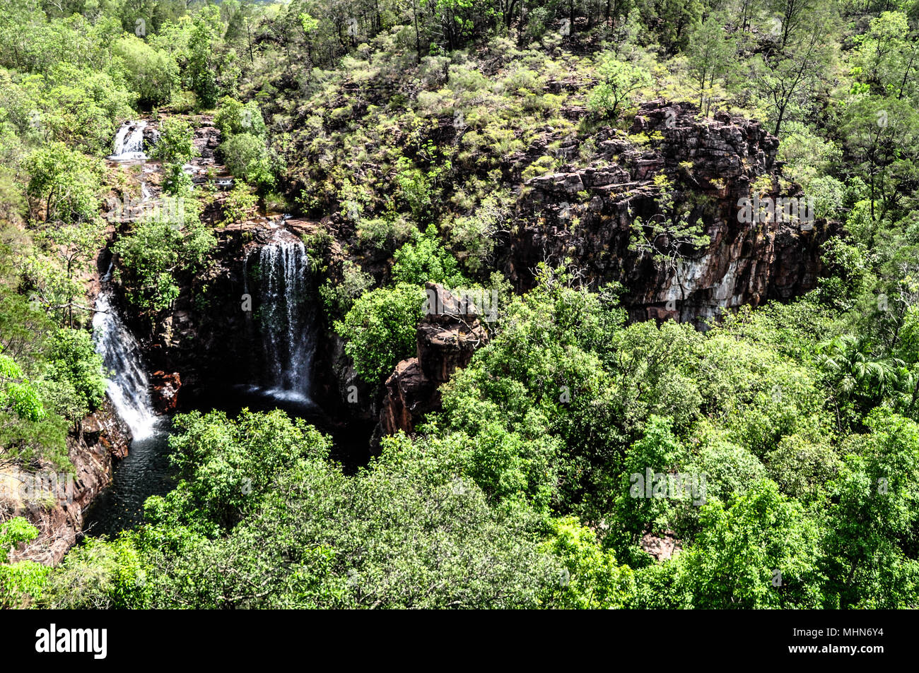 Firenze cade con fori di nuoto sono tra le più popolari attrazioni turistiche del Parco Nazionale di Litchfield nei Territori del Nord Australia. Foto Stock