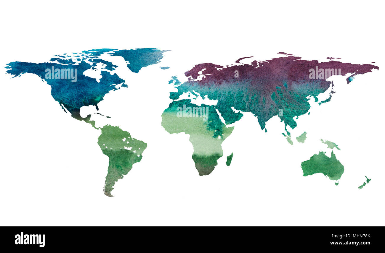 2d disegnati a mano illustrazione della mappa del mondo. Colore acquerello gradiented immagine isolata del pianeta terra. Continenti colorati. Sfondo bianco. Foto Stock
