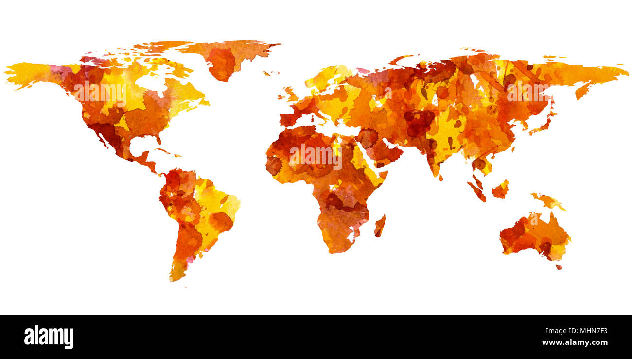 2d disegnati a mano illustrazione della mappa del mondo. Rosso Giallo splash acquerello isolato pianeta terra. Continenti. Sfondo bianco. Foto Stock