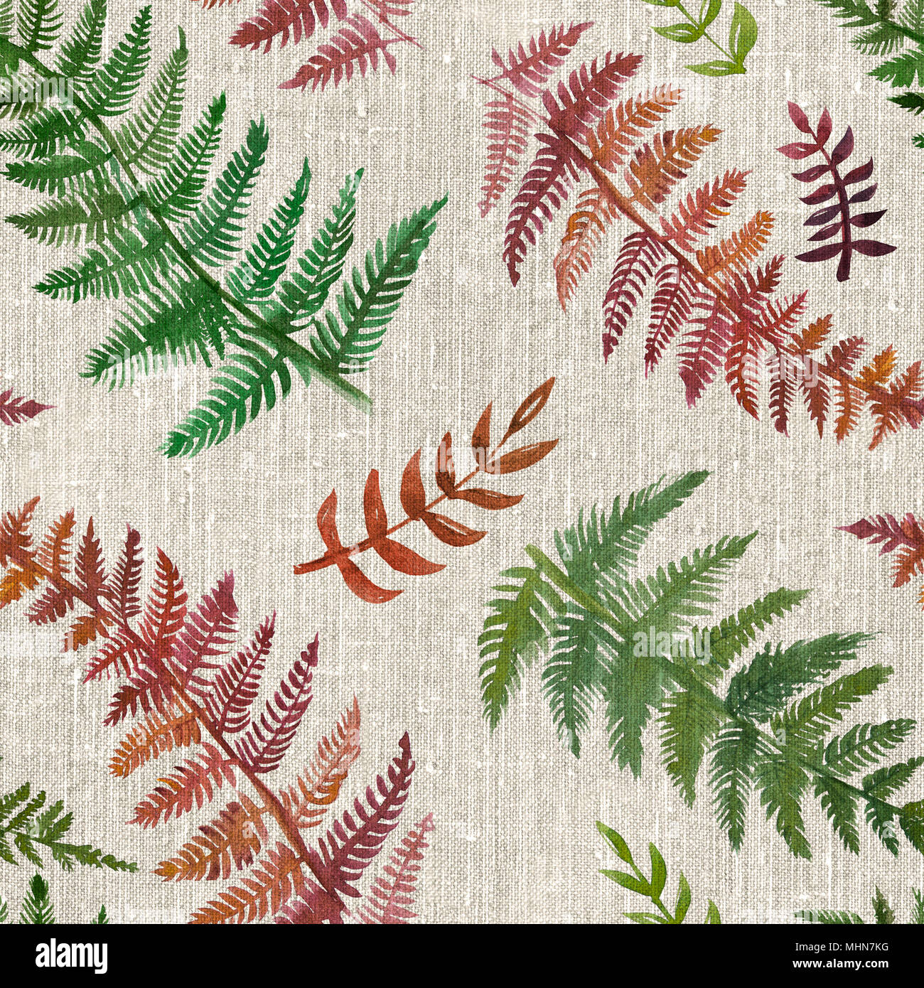 2d disegnati a mano ad acquerello sfondo senza giunture. Colorato foglie di felce disegnato su rustiche pezzo di stoffa comune. Biancheria, tessuto di lino con una naturale tropic patt Foto Stock