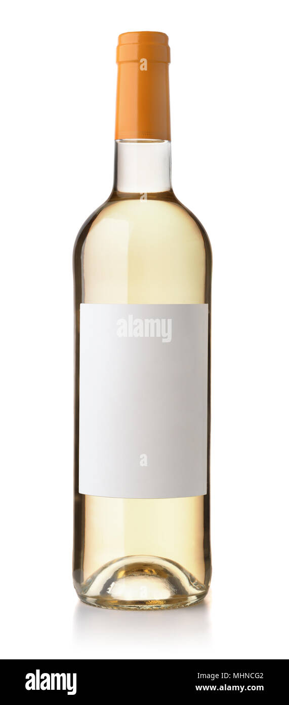 Vista frontale del vino bianco bottiglia con etichetta vuota isolata su bianco Foto Stock