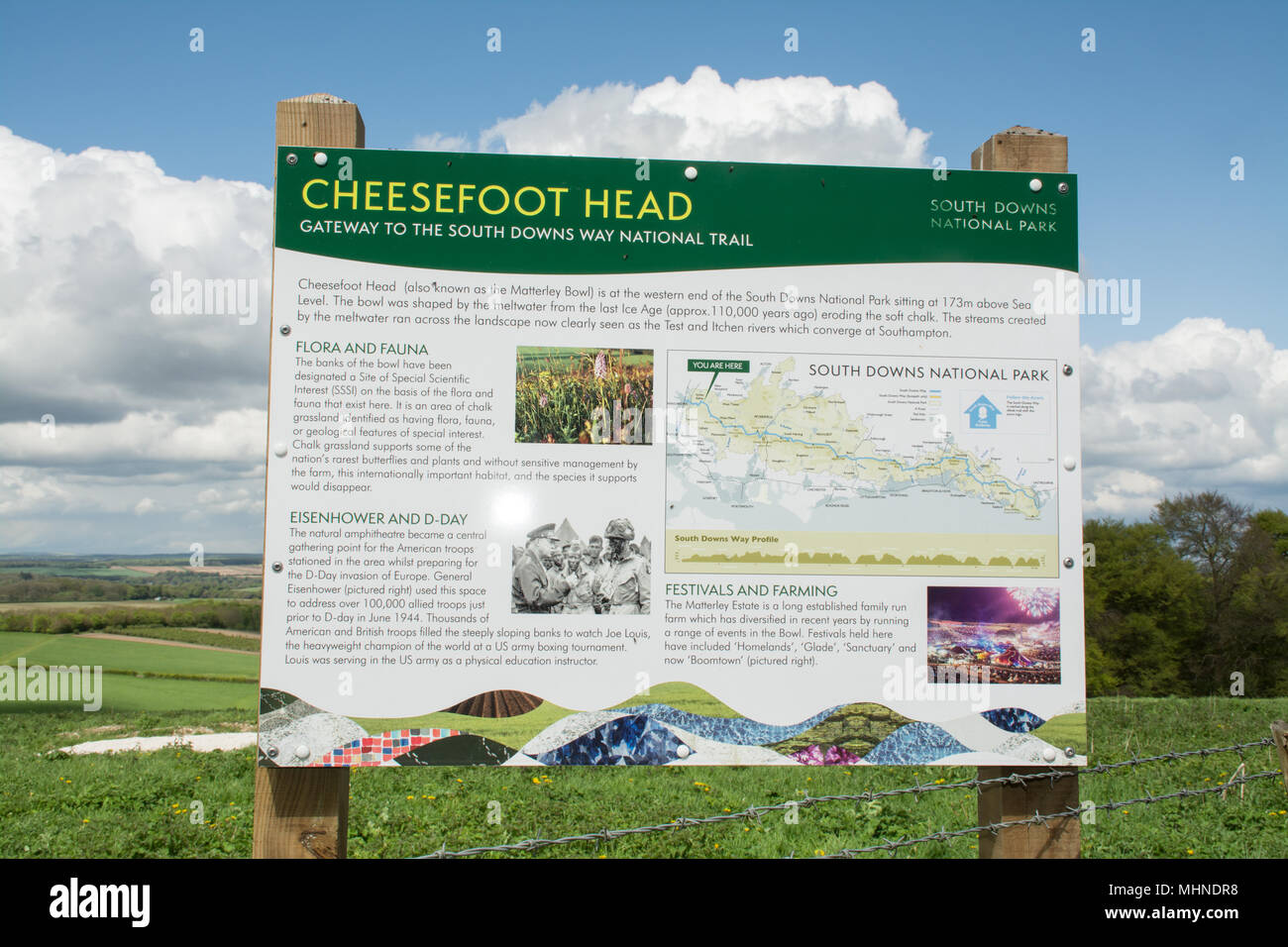 Scheda di informazioni a Cheesefoot testa nel South Downs National Park vicino a Winchester, Hampshire, Regno Unito Foto Stock