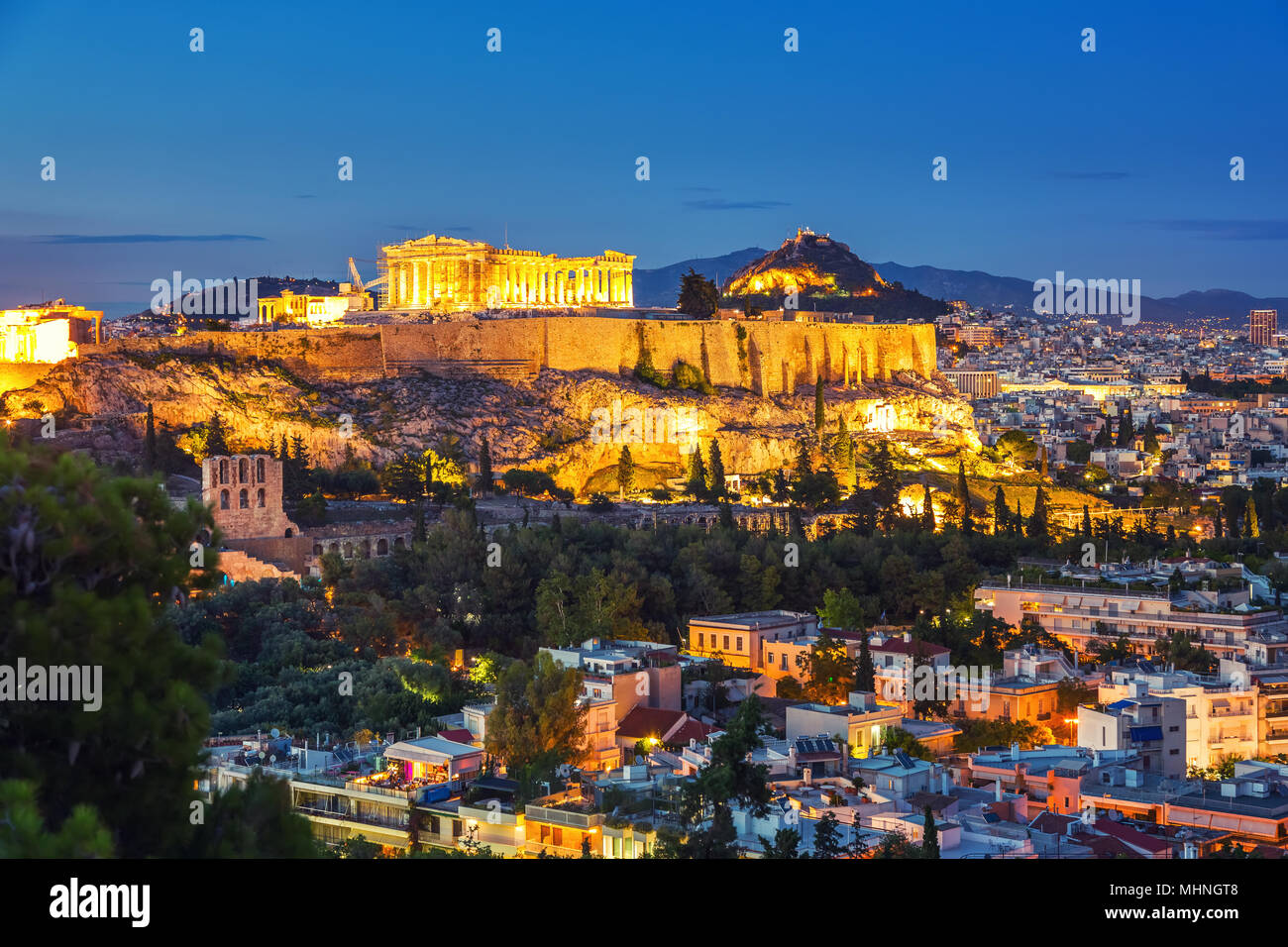 Il Partenone, dall'Acropoli di Atene, Grecia al tramonto Foto Stock