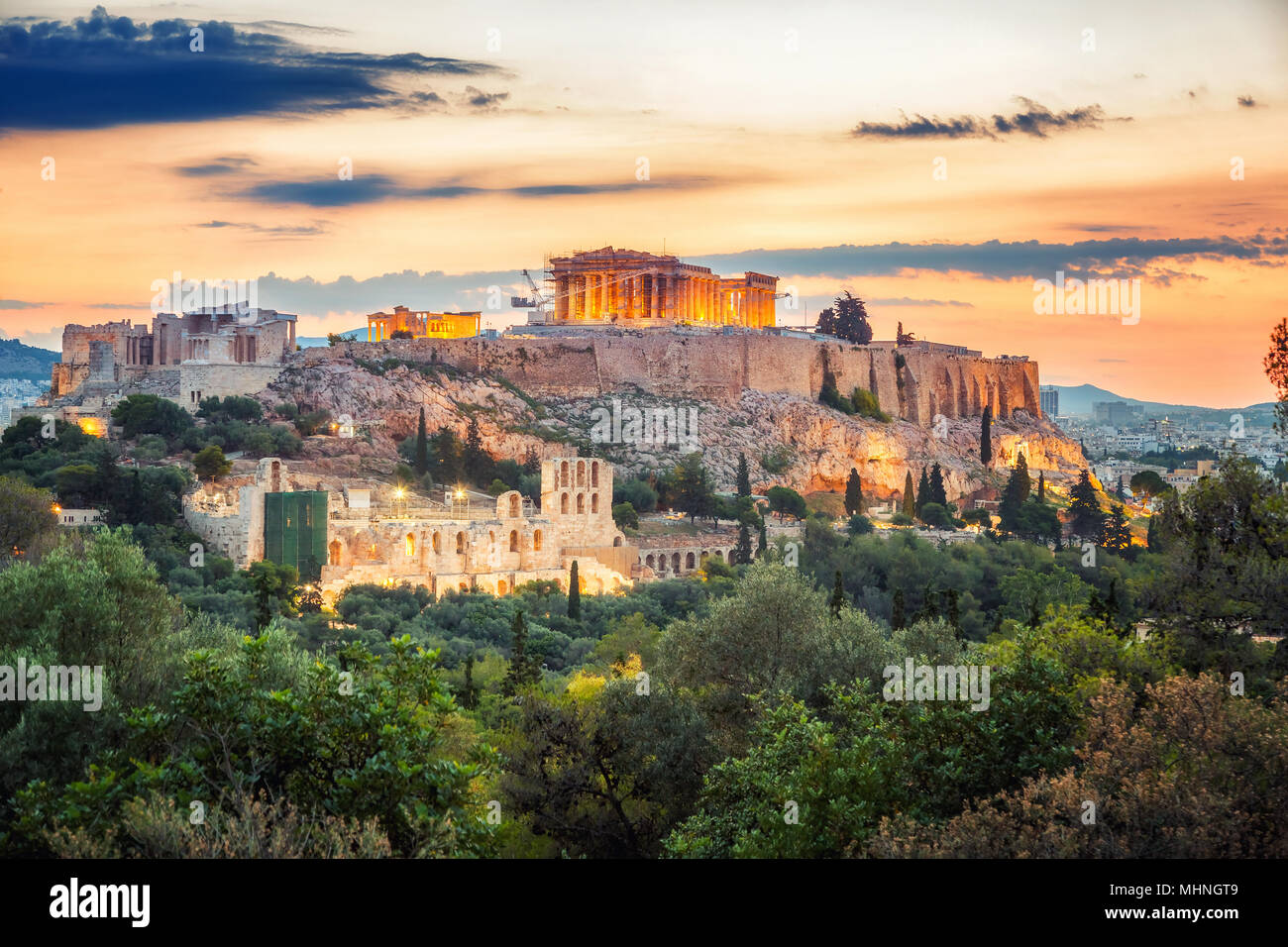 Il Partenone, dall'Acropoli di Atene, Grecia all'alba Foto Stock