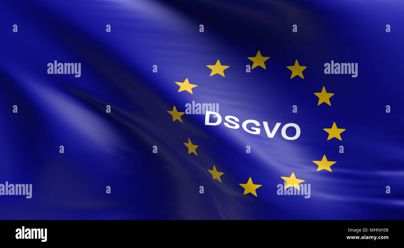 Sventola bandiera dell'Unione europea con DSGVO, generale della protezione dei dati il Regolamento, rendering 3D Foto Stock