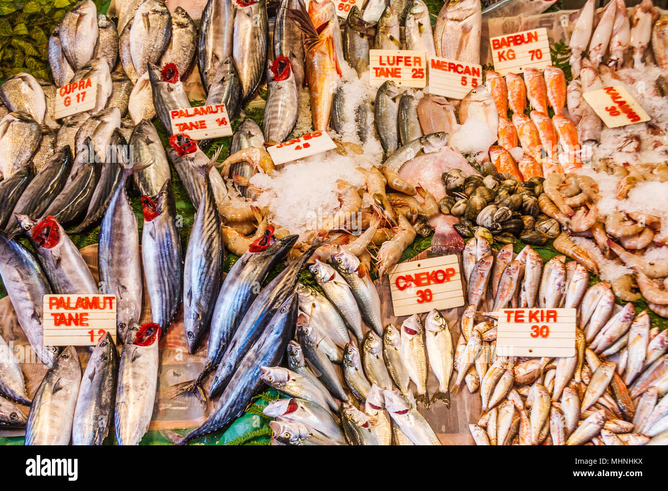 Pressione di stallo di pesce, mercato di Beyoglu, Istanbul, Turchia Foto Stock