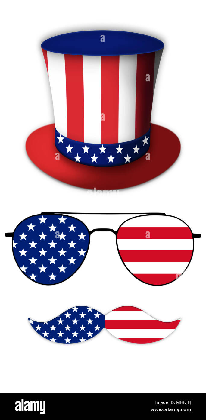 Bicchieri e baffi Design della bandiera americana con il cappello dello zio Sam illustrazione Foto Stock