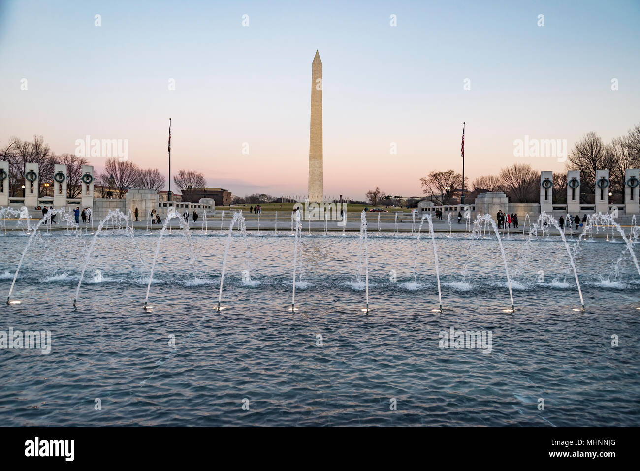 Guerra Mondiale 2 Memorial al tramonto durante il periodo invernale in Washington DC Foto Stock