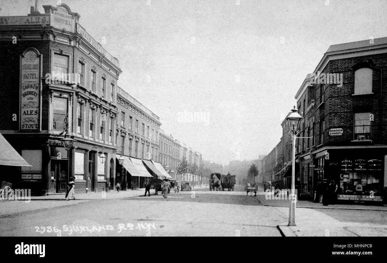 Shirland Road, Maida Vale, London, con l'Hotel Shirland (pub, ora Truscott bracci) sulla sinistra. Data: circa 1910 Foto Stock