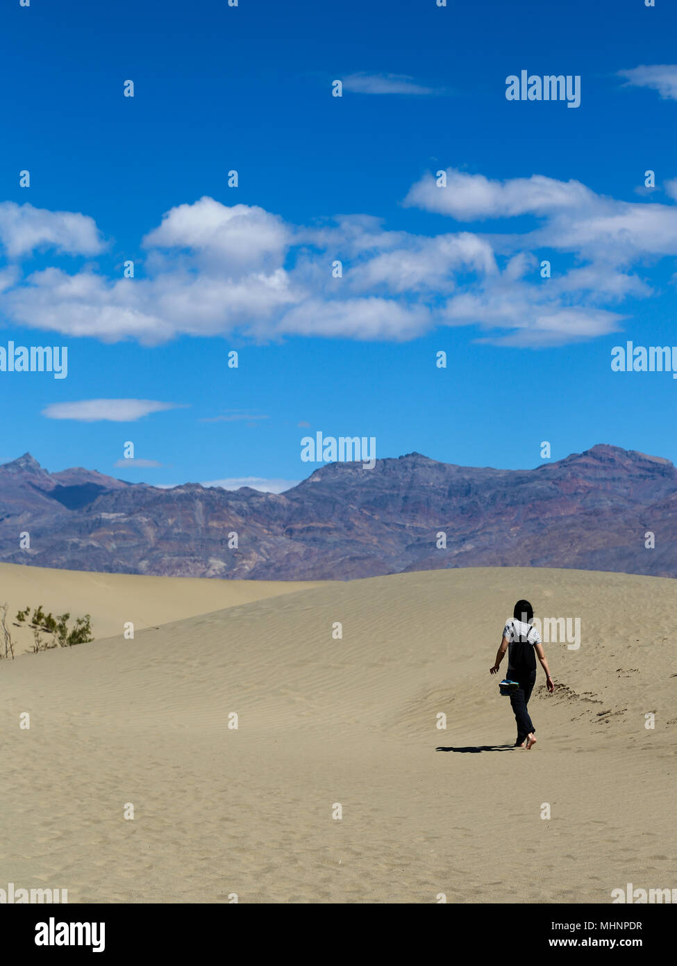 Escursionismo donna sulle dune di sabbia Foto Stock