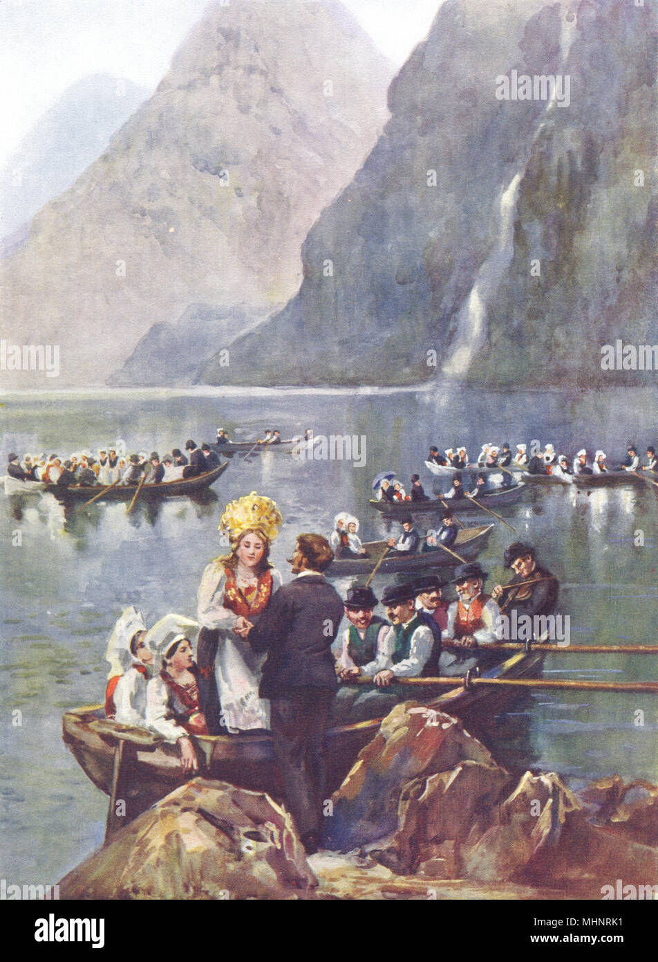 La Norvegia. Un corteo nuziale, Norvegia; sull'acqua. Barche. Corona nuziale 1900 Foto Stock