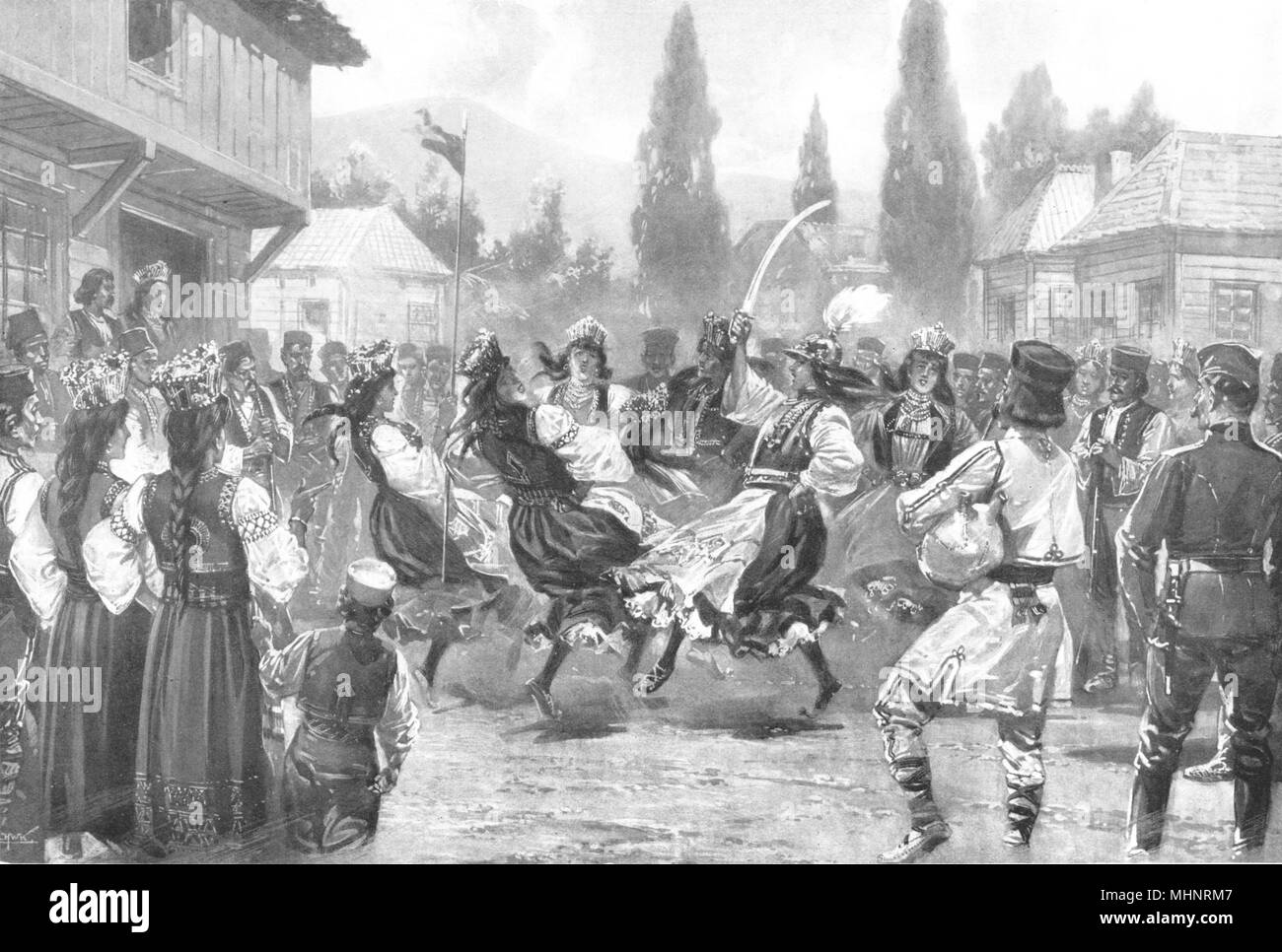 La Serbia. Penisola balcanica. Ballo di spada in; Kollo (cerchio) 1900 antica stampa Foto Stock