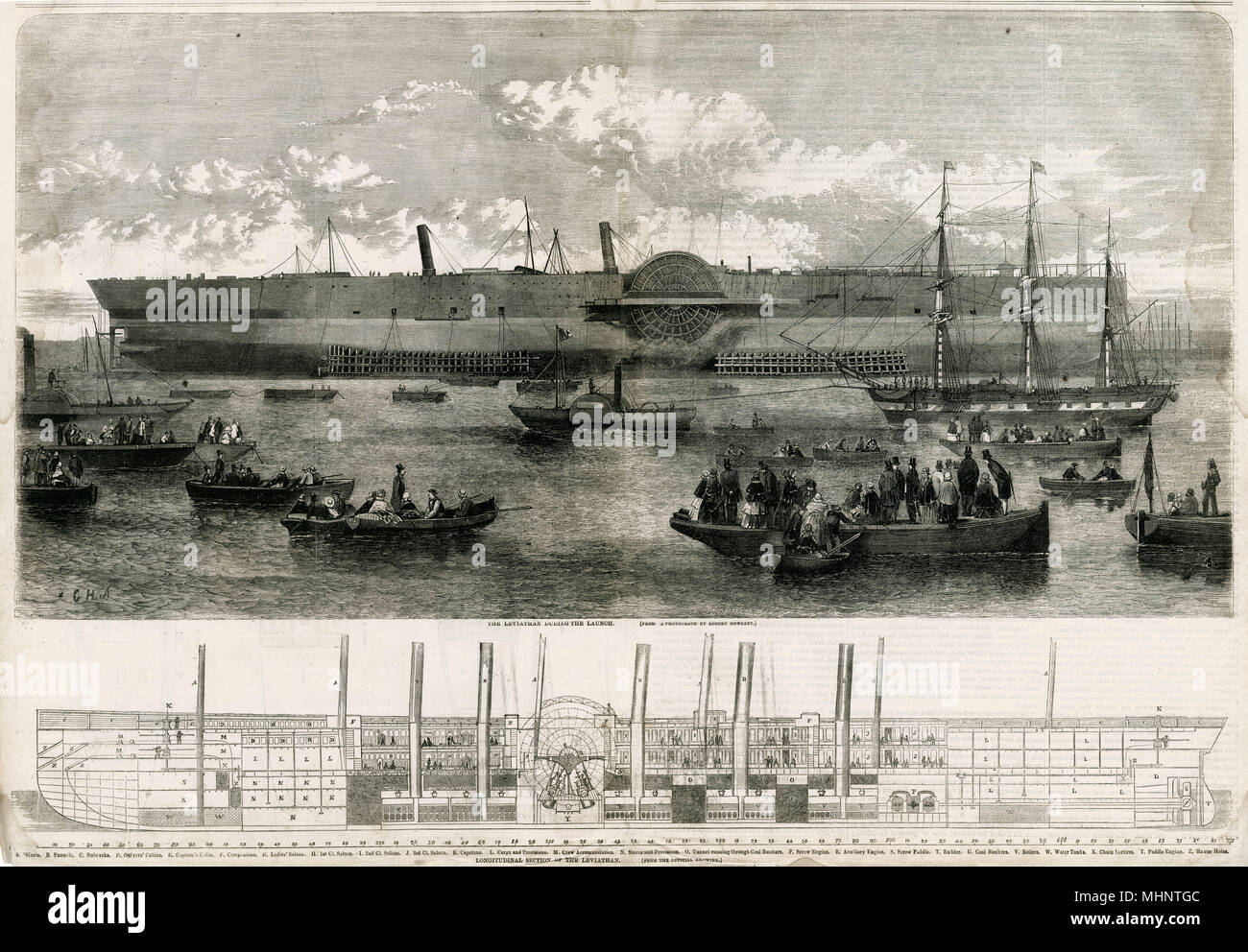 Lancio di SS Great Eastern progettata da Brunel. La mattina presto su un nebbioso giorno piovoso, 3 novembre 1857, in Millwall, Isle of Dogs sul Fiume Tamigi, Londra. Una grande percentuale di abitanti di Londra ruotato fino a vedere il lancio della gigantesca nave, con musica e bandiere che sventolano le persone hanno aspettato per ore e ore con la folla crescente fino a 100.000. Per trimestre passato uno Henrietta speranza! (Figlia di una grande raccolta di fondi per la nave, Henry Thomas Speranza) denominata la nave "Leviathan', ma non è accaduto nulla i motori in corrispondenza di ciascuna estremità del cantiere iniziano a lottare e quindi una caduta di 6ft seguita Foto Stock