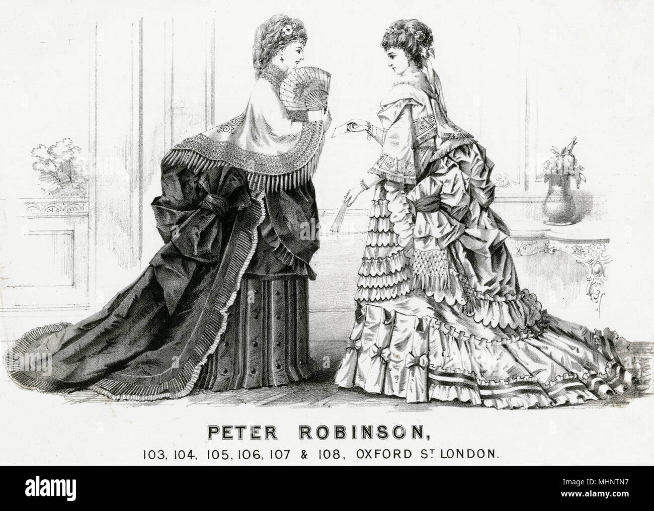Pubblicità per 'Peter Robinson', department store di Londra, mostrando alla moda di usura interna per le signore. Data: circa 1888 Foto Stock