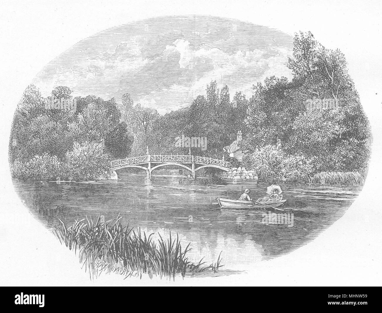 OXFORDSHIRE. Il ponte e cottage, Nuneham 1901 antica immagine di stampa Foto Stock