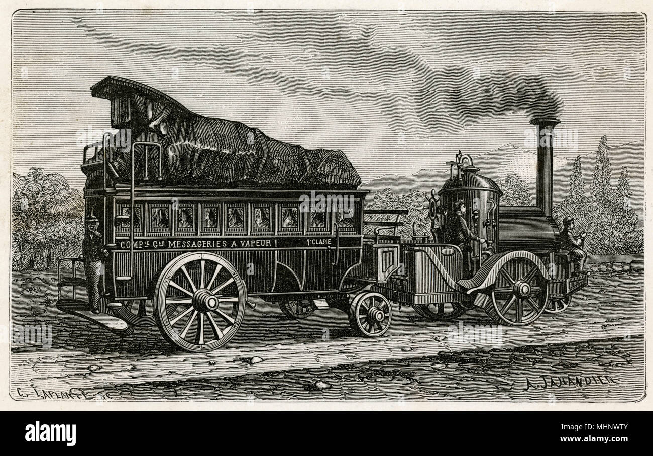 Vapore francese-powered veicolo stradale, alimentato da un motore a vapore nella parte anteriore utilizzando senza guide. Data: 1870s Foto Stock